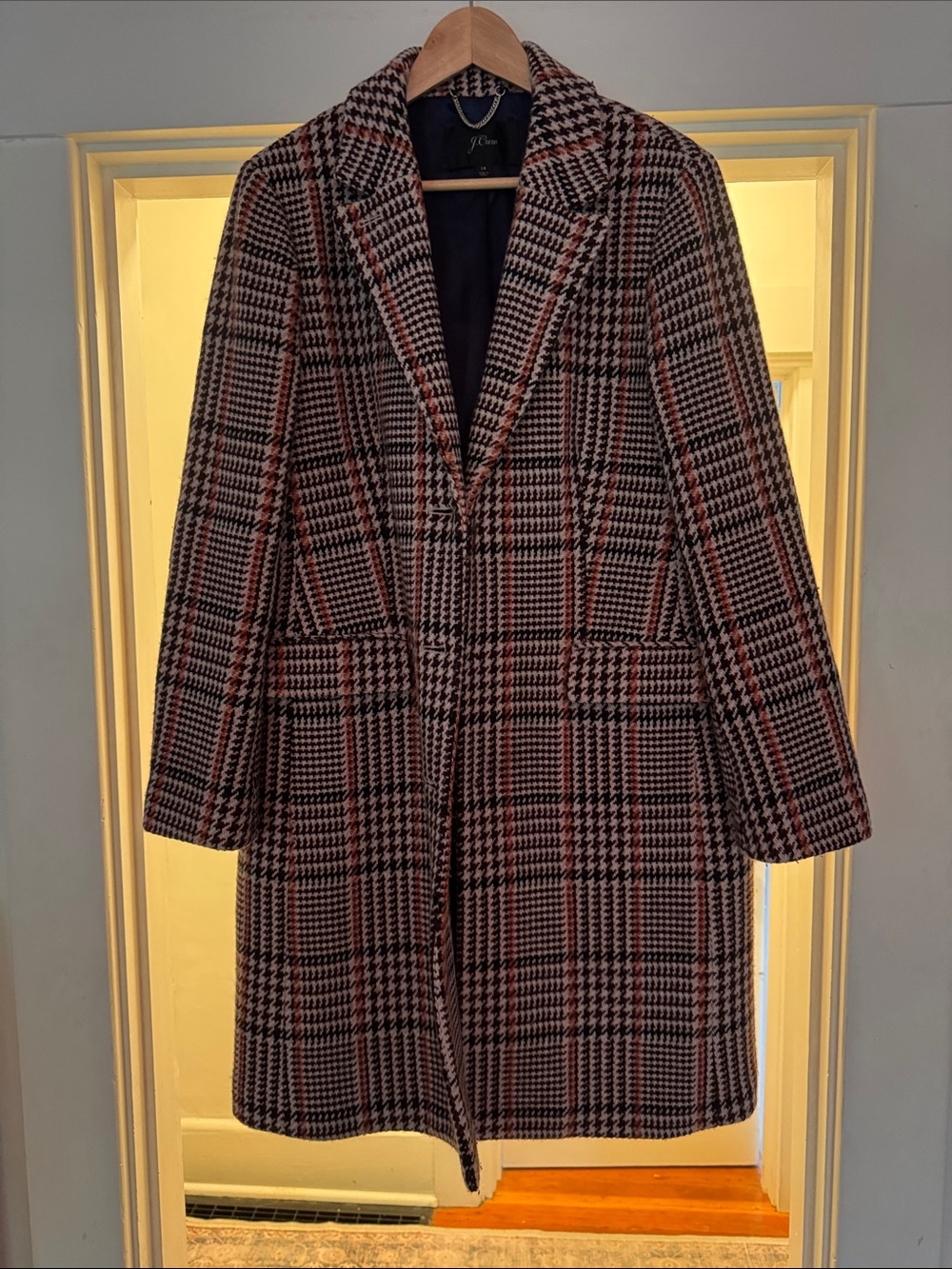 J. Crew Plaid Wool-Blend Pea Coat in Black, Cream & Red